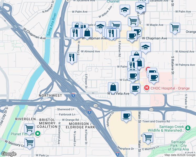 map of restaurants, bars, coffee shops, grocery stores, and more near 2005 West Culver Avenue in Orange