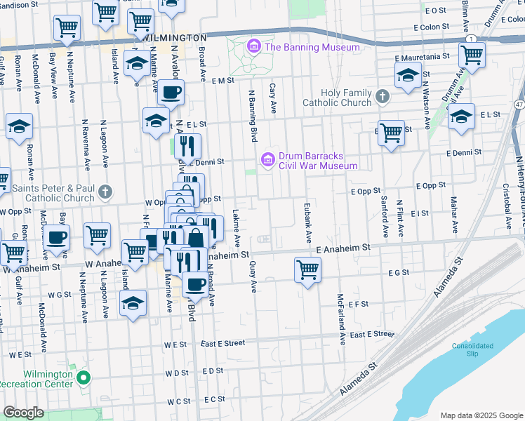 map of restaurants, bars, coffee shops, grocery stores, and more near 933 N Banning Blvd in Wilmington
