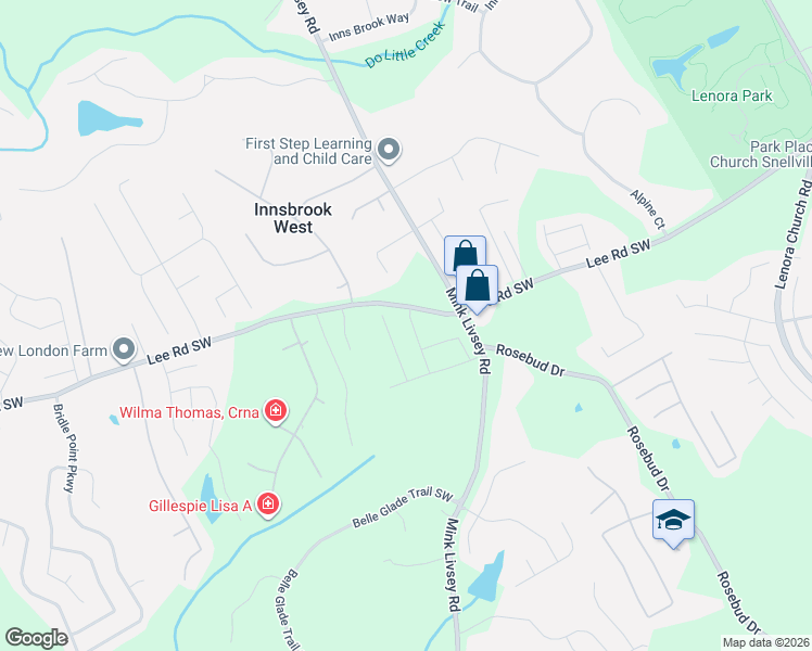 map of restaurants, bars, coffee shops, grocery stores, and more near 3605-3717 Lee Road Southwest in Snellville