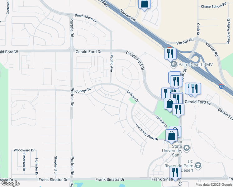 map of restaurants, bars, coffee shops, grocery stores, and more near 75294 Buckley Drive in Palm Desert
