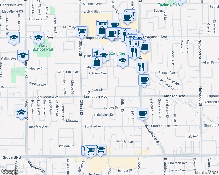 map of restaurants, bars, coffee shops, grocery stores, and more near 12372 Lambert Circle in Garden Grove