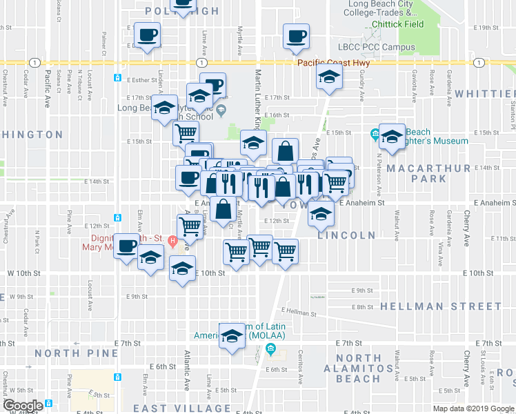 map of restaurants, bars, coffee shops, grocery stores, and more near 1257 Martin Luther King Junior Avenue in Long Beach