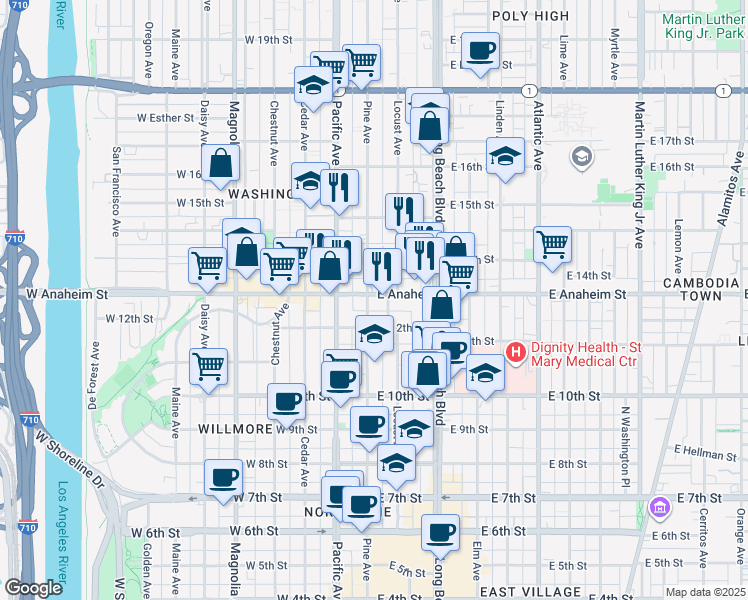 map of restaurants, bars, coffee shops, grocery stores, and more near 110 East Anaheim Street in Long Beach