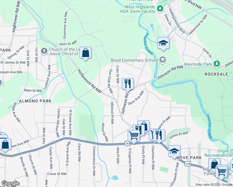 map of restaurants, bars, coffee shops, grocery stores, and more near 988 Cato Street Northwest in Atlanta