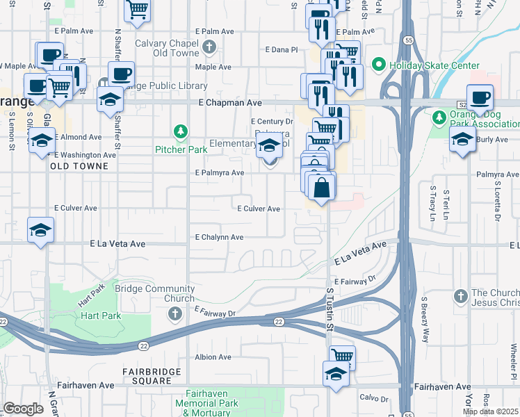 map of restaurants, bars, coffee shops, grocery stores, and more near 364 South California Street in Orange
