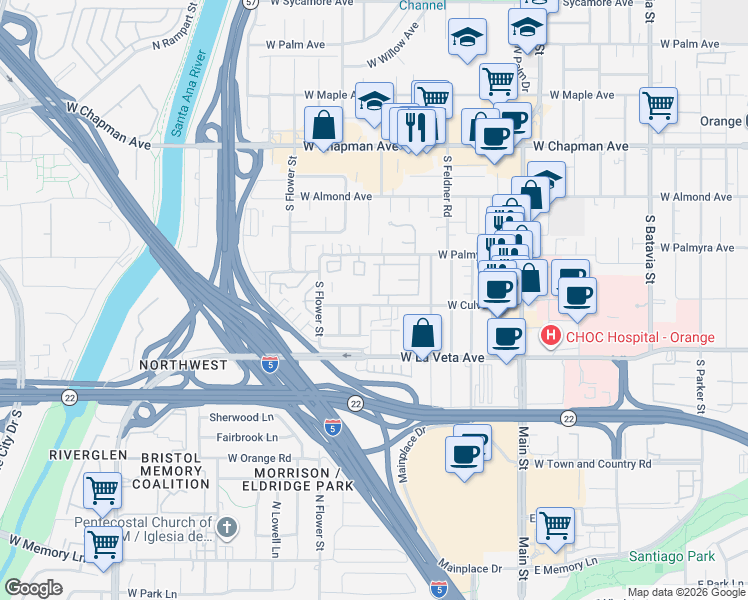 map of restaurants, bars, coffee shops, grocery stores, and more near 1910 West Palmyra Avenue in Orange