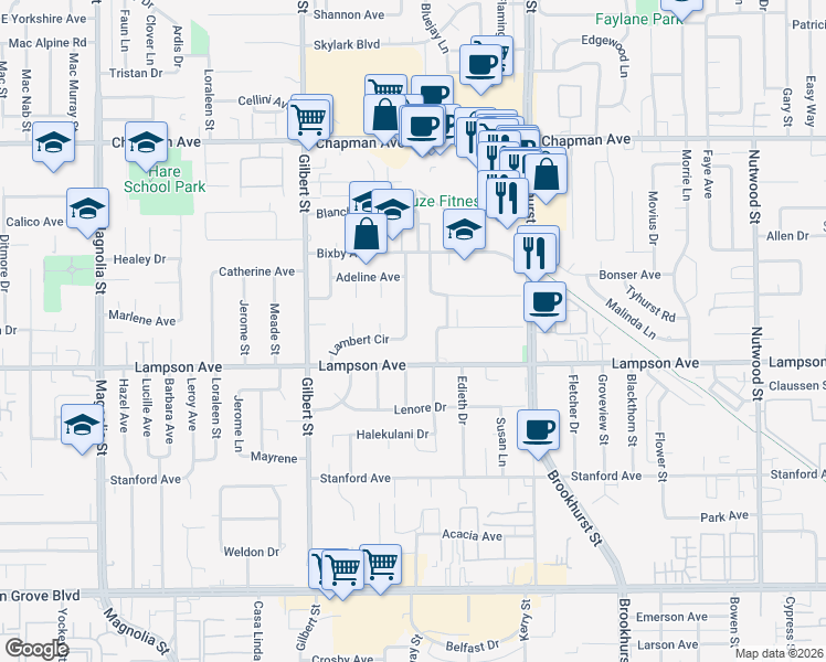 map of restaurants, bars, coffee shops, grocery stores, and more near 12372 Lambert Circle in Garden Grove