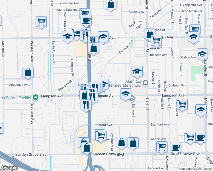 map of restaurants, bars, coffee shops, grocery stores, and more near 8159 Laguna Court in Stanton