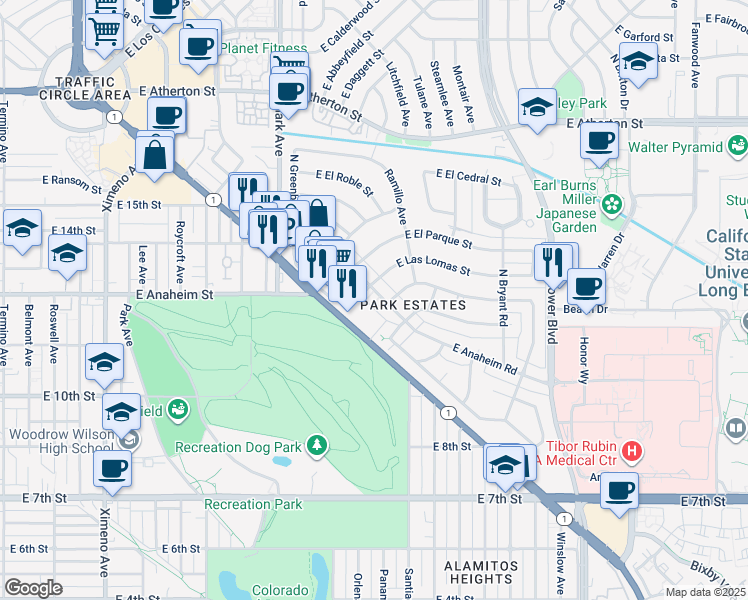 map of restaurants, bars, coffee shops, grocery stores, and more near 5300 East Las Lomas Street in Long Beach