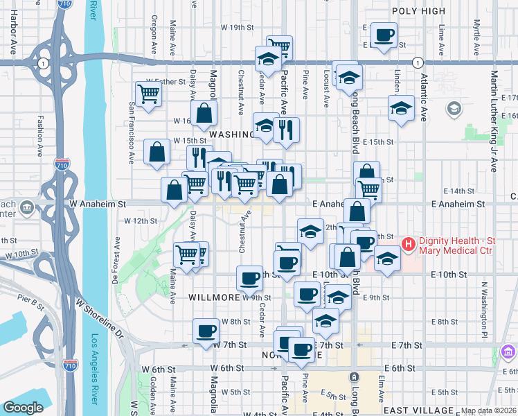 map of restaurants, bars, coffee shops, grocery stores, and more near 305 West Anaheim Street in Long Beach