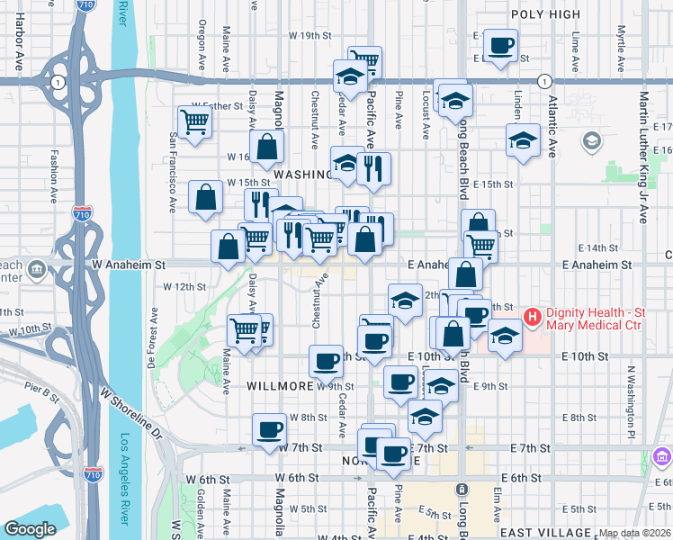 map of restaurants, bars, coffee shops, grocery stores, and more near 305 West Anaheim Street in Long Beach