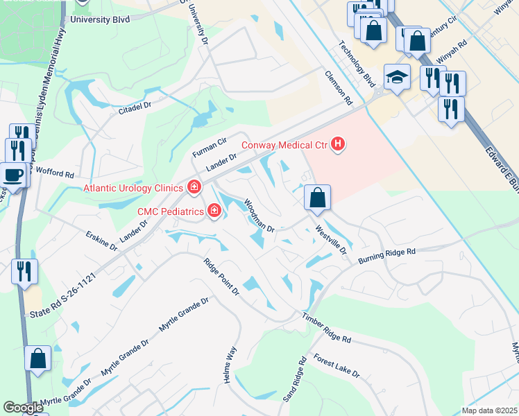 map of restaurants, bars, coffee shops, grocery stores, and more near 380K Myrtle Greens Drive in Conway