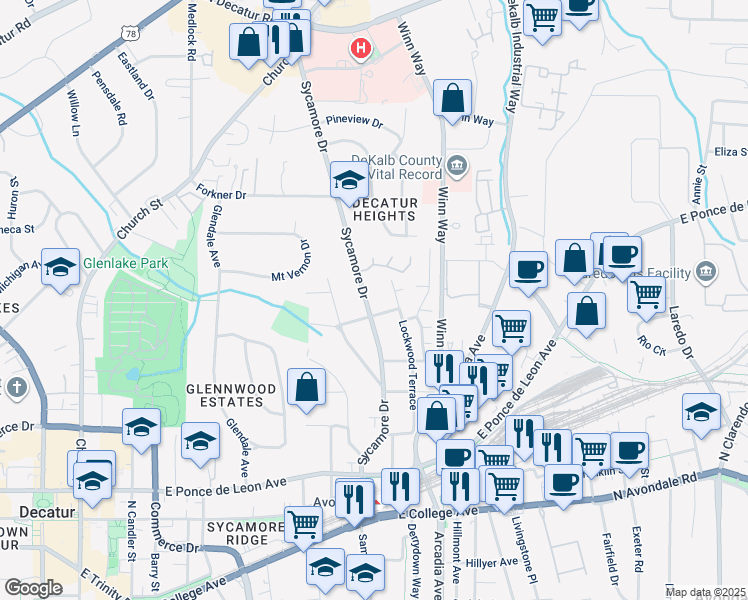 map of restaurants, bars, coffee shops, grocery stores, and more near 428 Lockwood Terrace in Decatur