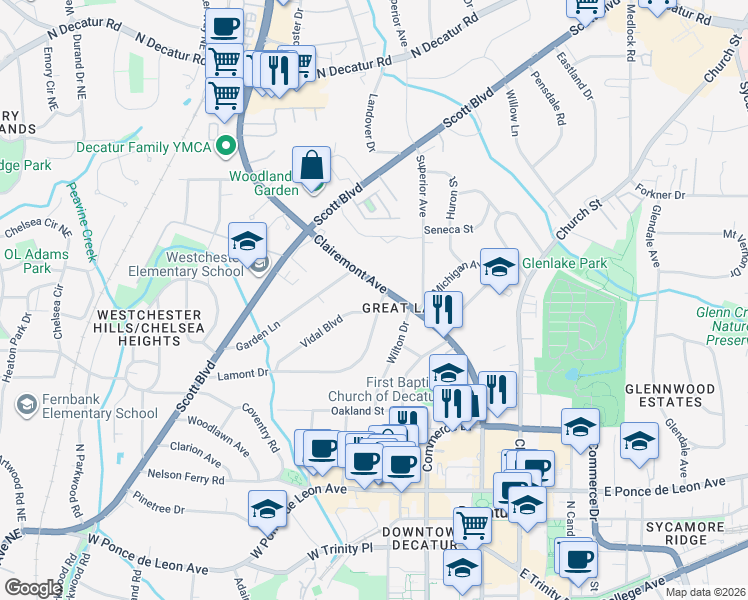 map of restaurants, bars, coffee shops, grocery stores, and more near 640 Clairemont Avenue in Decatur