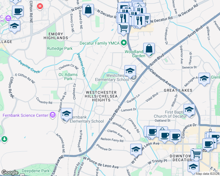 map of restaurants, bars, coffee shops, grocery stores, and more near 156 Ridley Circle in Decatur