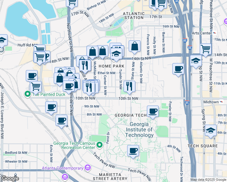 map of restaurants, bars, coffee shops, grocery stores, and more near 453 Calhoun Street Northwest in Atlanta