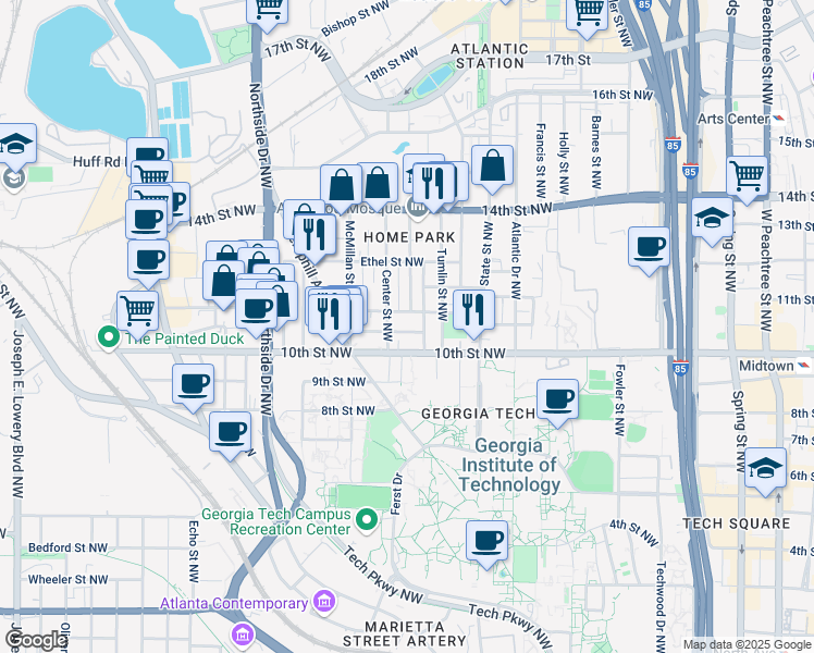 map of restaurants, bars, coffee shops, grocery stores, and more near 455 Lynch Avenue Northwest in Atlanta