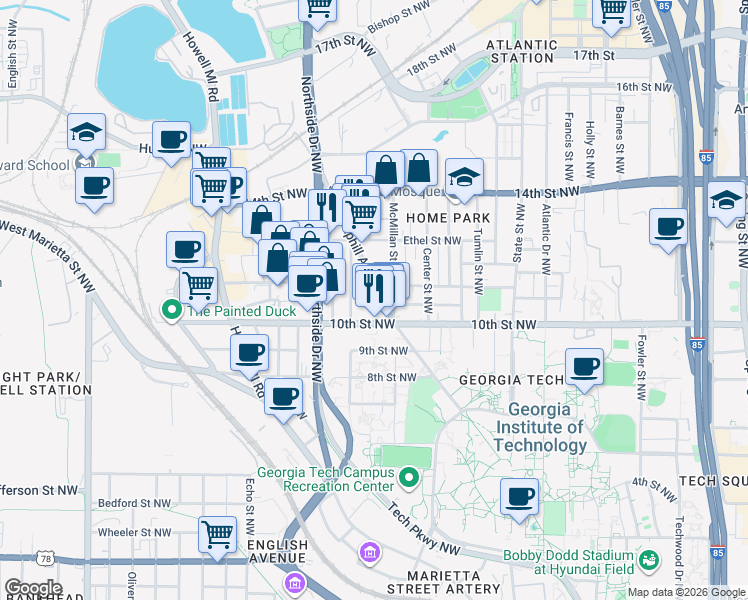 map of restaurants, bars, coffee shops, grocery stores, and more near 1033 Hemphill Avenue Northwest in Atlanta