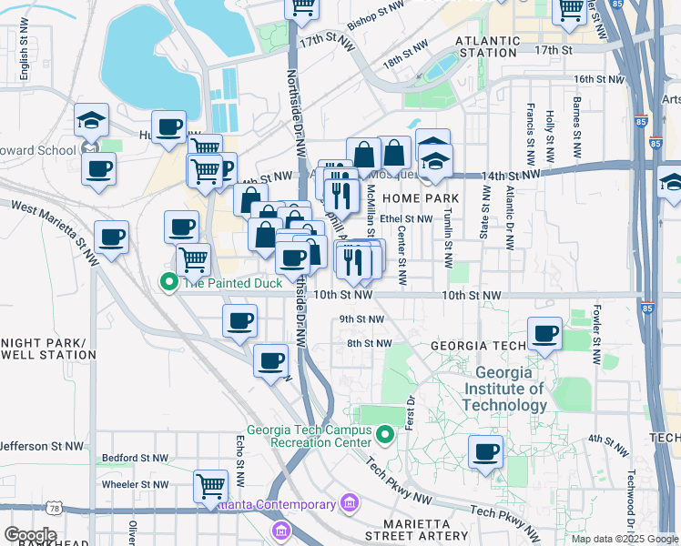 map of restaurants, bars, coffee shops, grocery stores, and more near 1033 Hemphill Avenue Northwest in Atlanta