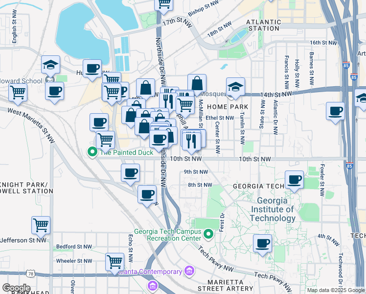 map of restaurants, bars, coffee shops, grocery stores, and more near 1035 Hampton Street Northwest in Atlanta