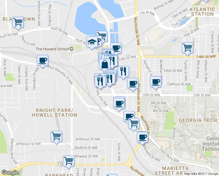 map of restaurants, bars, coffee shops, grocery stores, and more near 1075 Brady Avenue Northwest in Atlanta