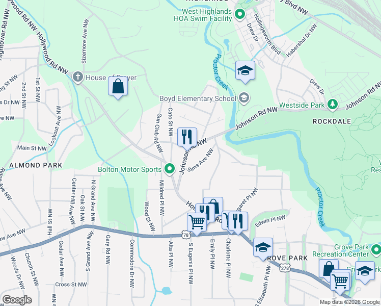 map of restaurants, bars, coffee shops, grocery stores, and more near 4 Johnson Road Northwest in Atlanta