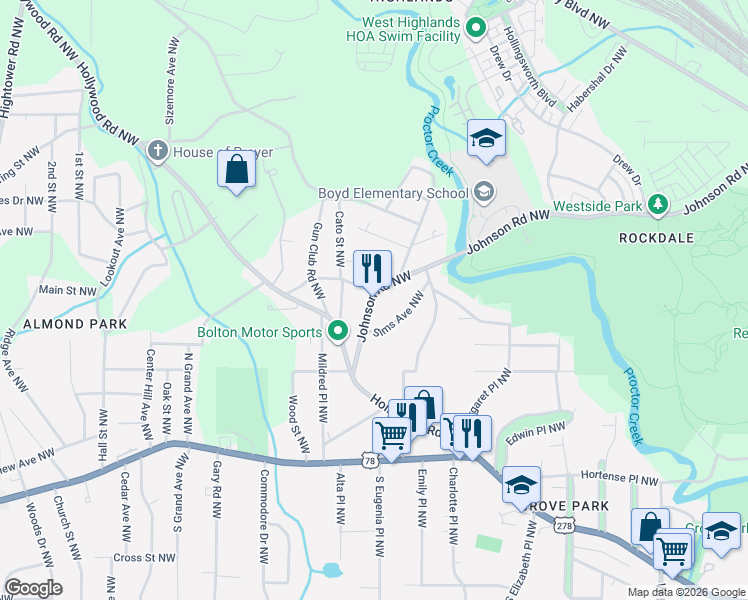 map of restaurants, bars, coffee shops, grocery stores, and more near 4 Johnson Road Northwest in Atlanta