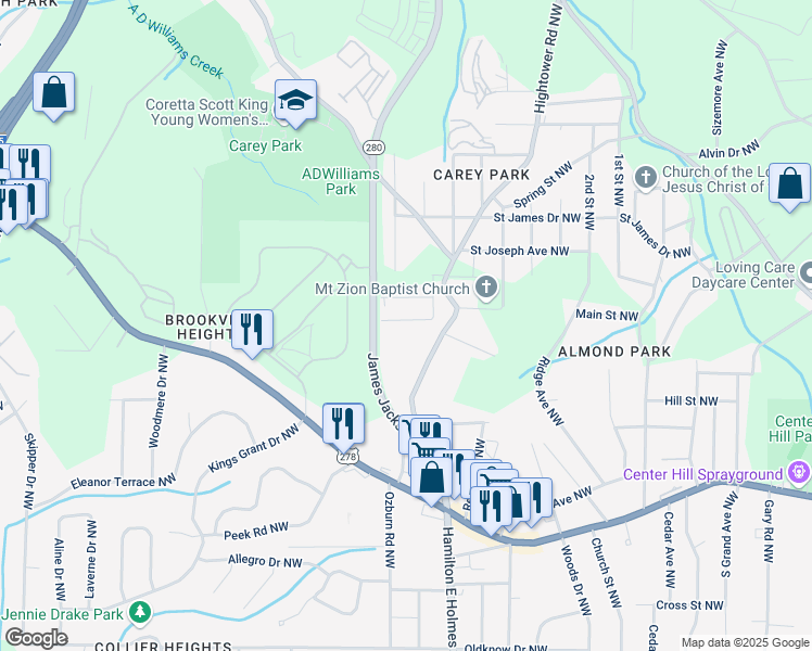 map of restaurants, bars, coffee shops, grocery stores, and more near 2668 Brown Street Northwest in Atlanta