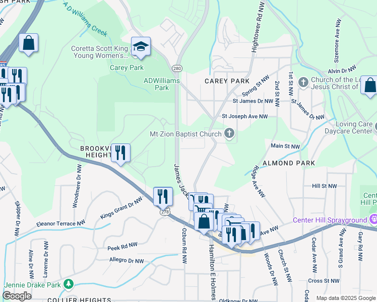 map of restaurants, bars, coffee shops, grocery stores, and more near 2680 Brown Street Northwest in Atlanta