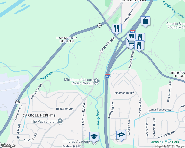 map of restaurants, bars, coffee shops, grocery stores, and more near 1001 Bolton Road Northwest in Atlanta
