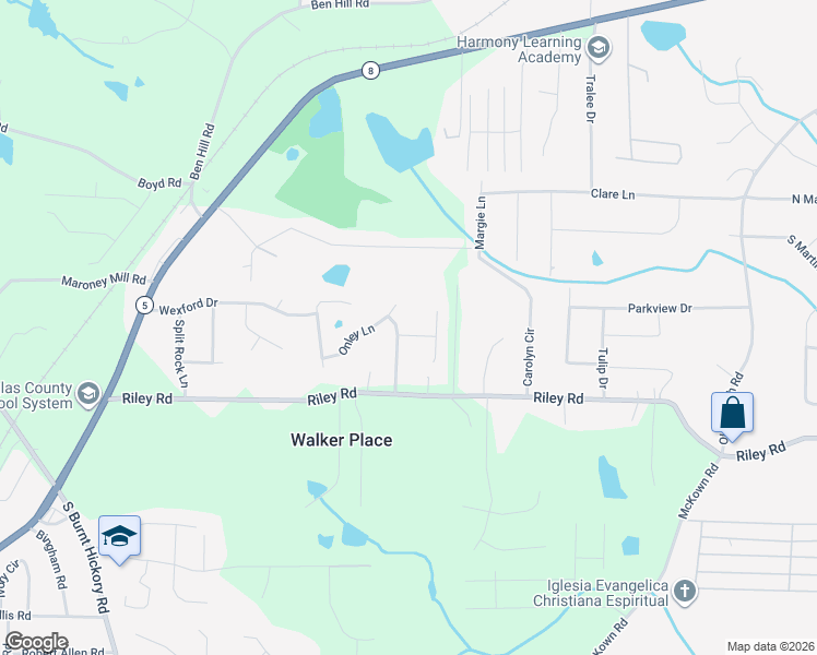 map of restaurants, bars, coffee shops, grocery stores, and more near 3620 Longfield Drive in Douglasville