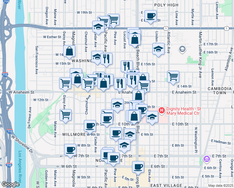 map of restaurants, bars, coffee shops, grocery stores, and more near in Long Beach