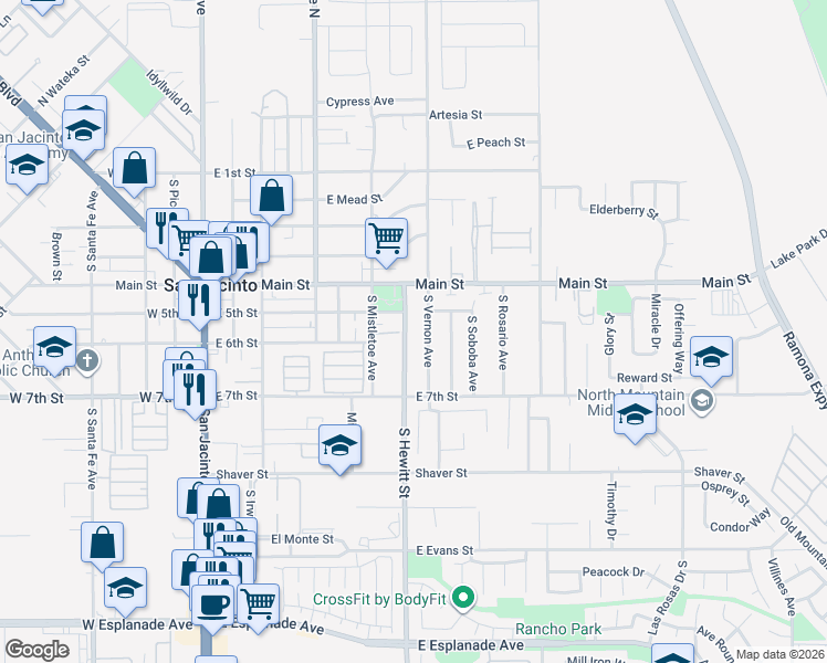 map of restaurants, bars, coffee shops, grocery stores, and more near 555 South Hewitt Street in San Jacinto
