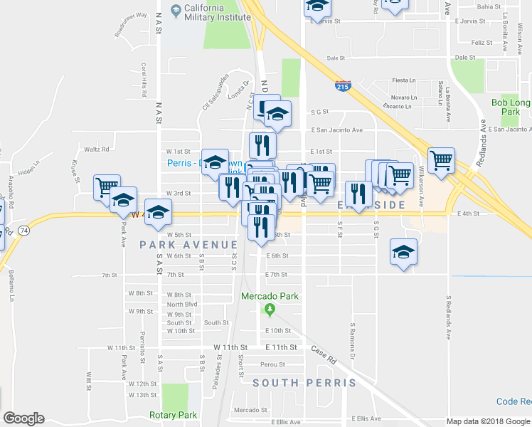 map of restaurants, bars, coffee shops, grocery stores, and more near 39 East 4th Street in Perris