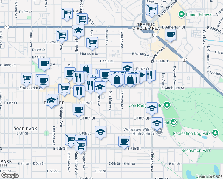 map of restaurants, bars, coffee shops, grocery stores, and more near 3825 East Anaheim Street in Long Beach