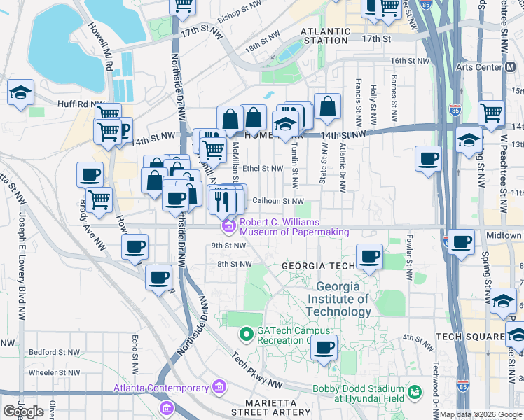 map of restaurants, bars, coffee shops, grocery stores, and more near 453 Calhoun Street Northwest in Atlanta