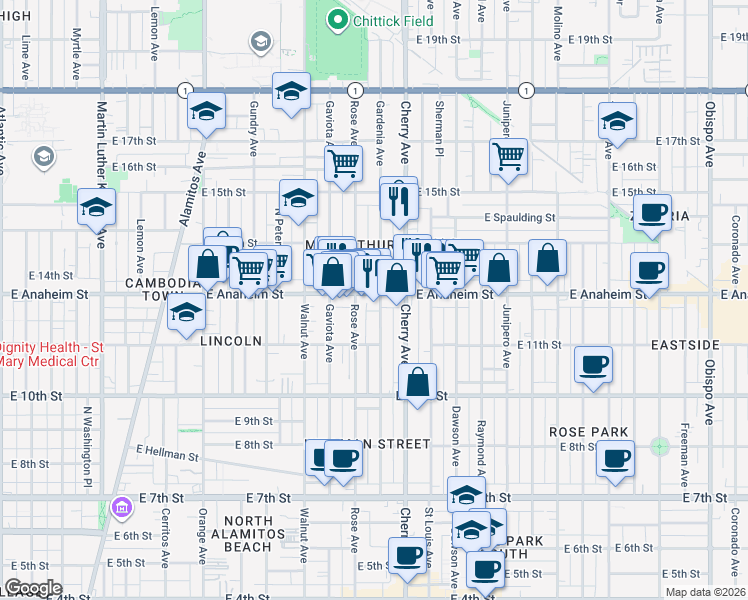 map of restaurants, bars, coffee shops, grocery stores, and more near 1300-1398 Gardenia Avenue in Long Beach