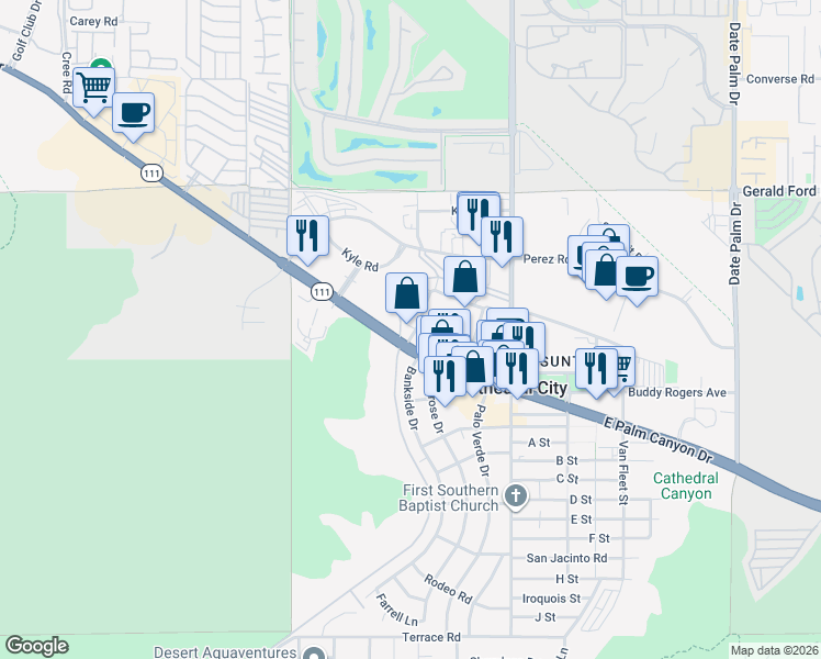map of restaurants, bars, coffee shops, grocery stores, and more near 68280 East Palm Canyon Drive in Cathedral City