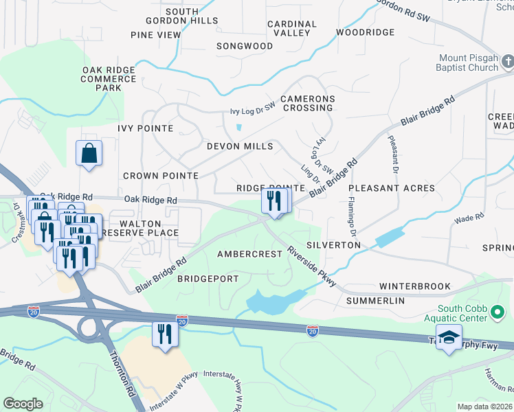 map of restaurants, bars, coffee shops, grocery stores, and more near 1223 Ling Way in Austell