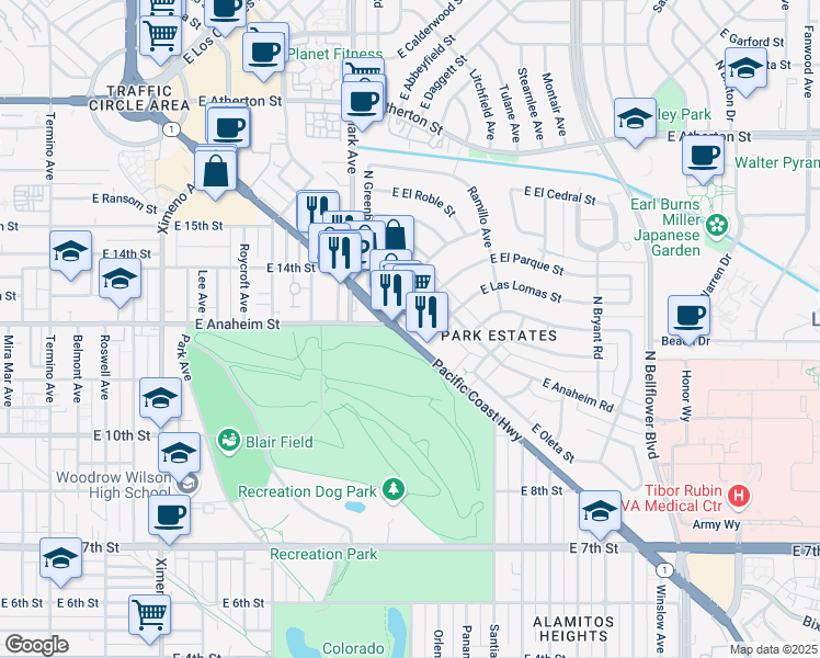 map of restaurants, bars, coffee shops, grocery stores, and more near 5525 East Pacific Coast Highway in Long Beach