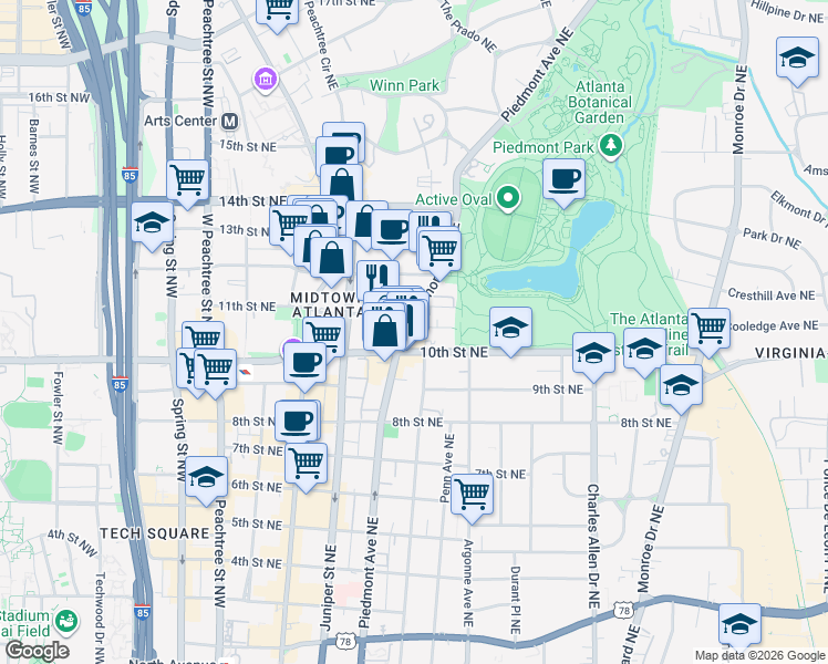 map of restaurants, bars, coffee shops, grocery stores, and more near 1041 Piedmont Avenue Northeast in Atlanta