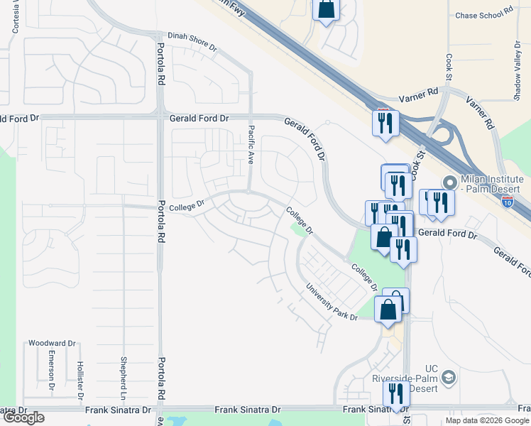 map of restaurants, bars, coffee shops, grocery stores, and more near 75306 Buckley Drive in Palm Desert