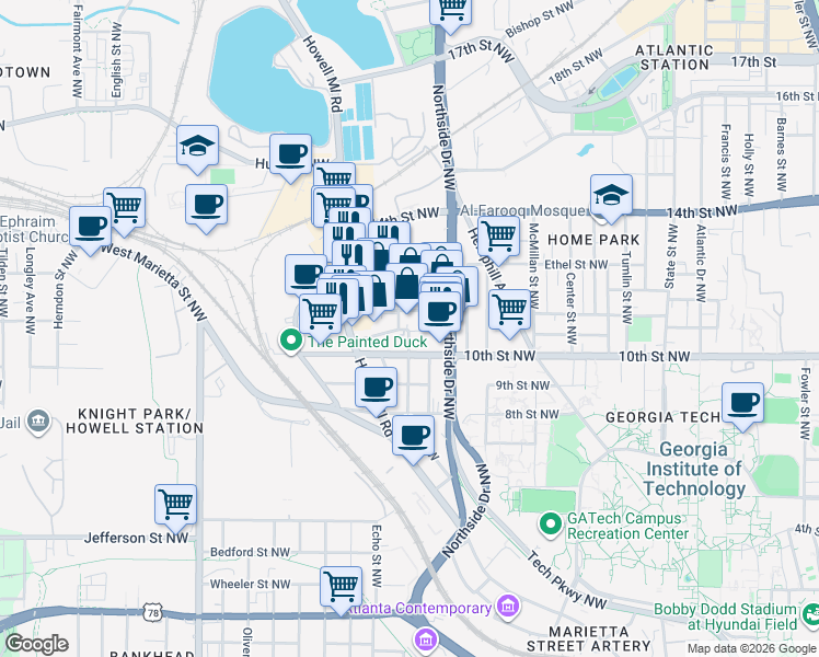 map of restaurants, bars, coffee shops, grocery stores, and more near 660 11th Street Northwest in Atlanta