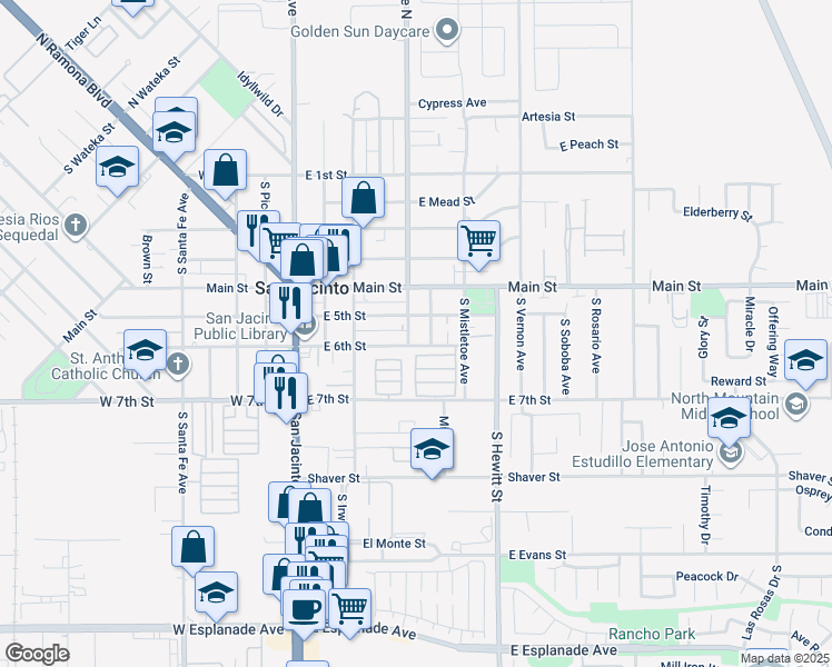 map of restaurants, bars, coffee shops, grocery stores, and more near 547 South Alessandro Avenue in San Jacinto