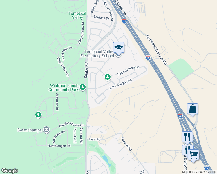 map of restaurants, bars, coffee shops, grocery stores, and more near 9188 Clay Canyon Drive in Corona