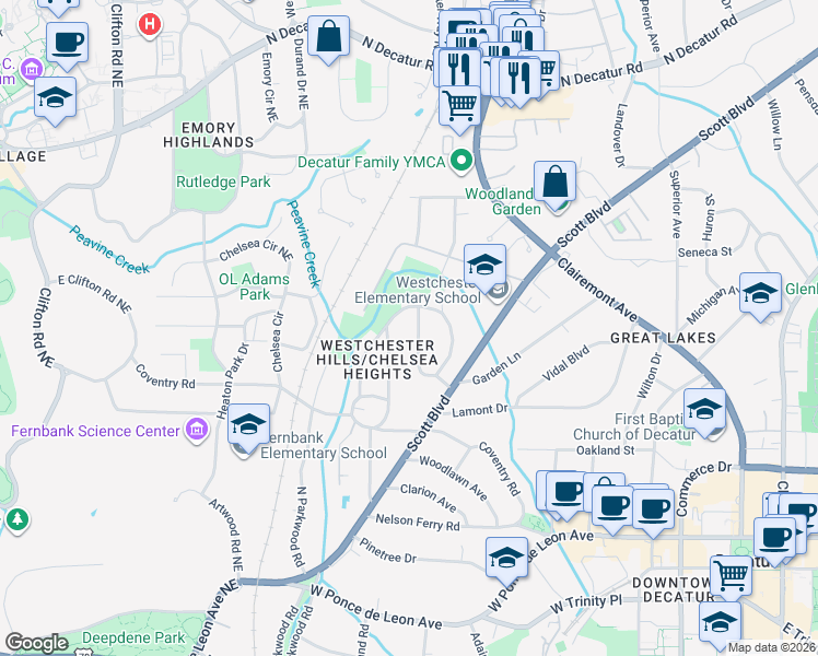 map of restaurants, bars, coffee shops, grocery stores, and more near 156 Ridley Circle in Decatur