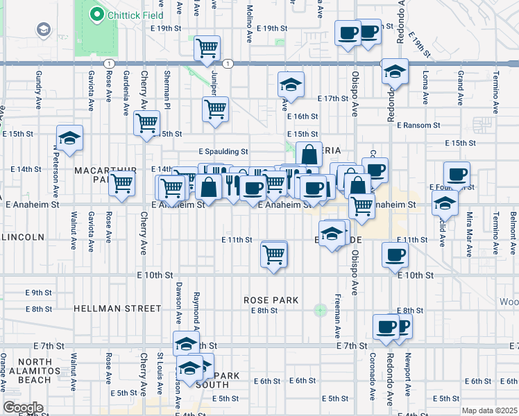 map of restaurants, bars, coffee shops, grocery stores, and more near 2601 East Anaheim Street in Long Beach