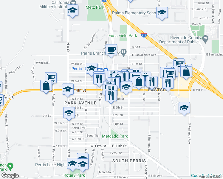 map of restaurants, bars, coffee shops, grocery stores, and more near 2 East 4th Street in Perris