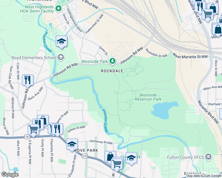 map of restaurants, bars, coffee shops, grocery stores, and more near 1660 Johnson Road Northwest in Atlanta