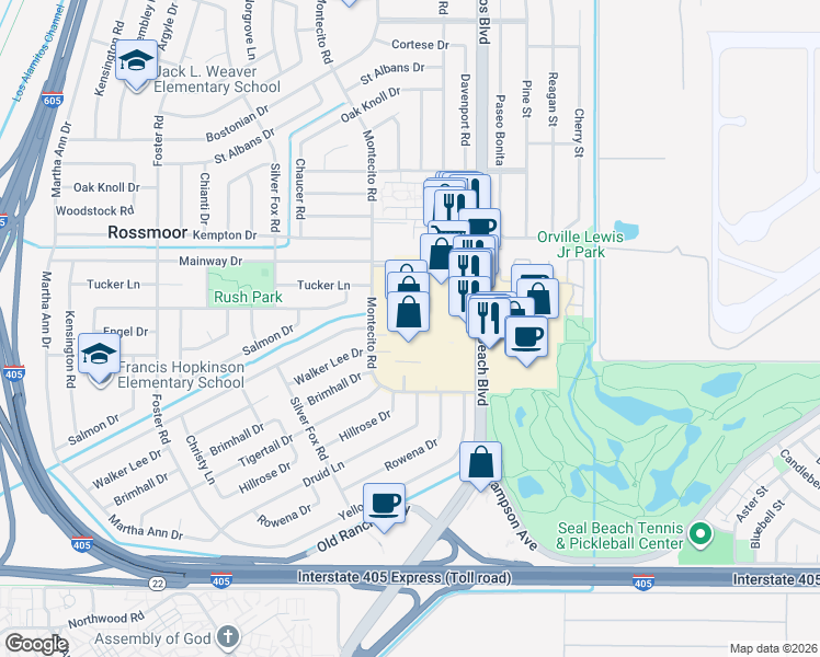 map of restaurants, bars, coffee shops, grocery stores, and more near 12345 Seal Beach Boulevard in Seal Beach